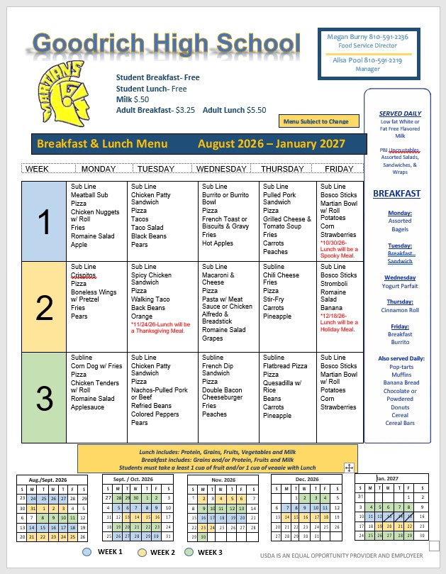 Goodrich High School Menu